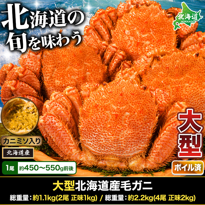 大型北海道産毛ガニ 総重量：約1.1kg(2尾 正味1kg) / 総重量：約2.2kg(4尾 正味2kg)