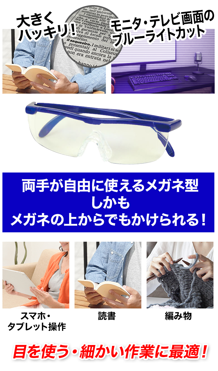 メガネの上から装着可能】「メガネ型ルーペ」ブルーライトカット男女兼用・シンプルなデザイン 快適生活-快適生活