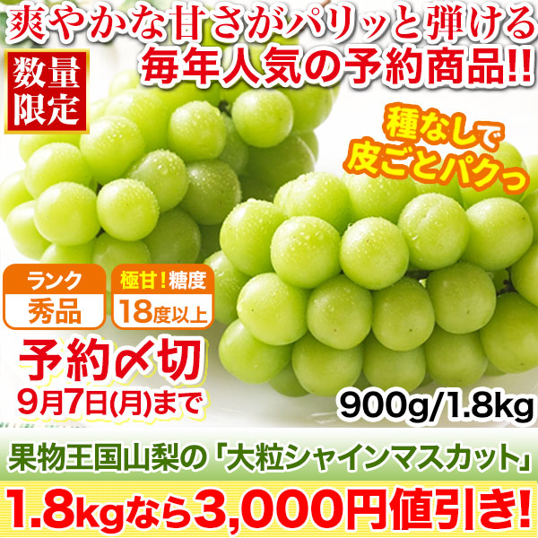 【セール限定価格】果物王国山梨の「大粒シャインマスカット」 900g/1.8kg