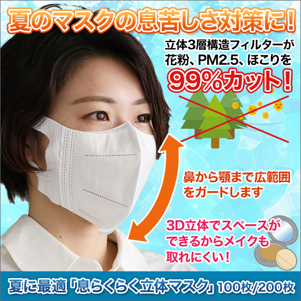 夏に最適「息らくらく立体マスク」100枚/200枚