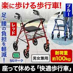 座って休める「快適歩行車」 レッド/ブルー