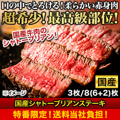 【特番・送料当社負担】国産シャトーブリアンステーキ 3枚/8(6+2)枚