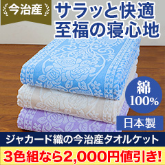 【新聞売れ筋値引き】ジャカード織の今治産タオルケット 1枚/3色組